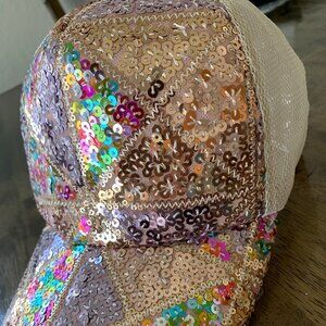 Women Fashion Stage Style Sequin Gradient Buckle Mesh Adjustable Cap White/Rose